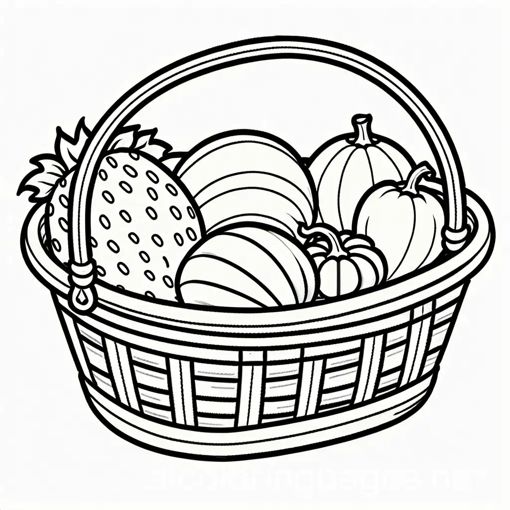 Uncolored vegetable basket, Coloring Page, black and white, line art, white background, Simplicity, Ample White Space. The background of the coloring page is plain white to make it easy for young children to color within the lines. The outlines of all the subjects are easy to distinguish, making it simple for kids to color without too much difficulty