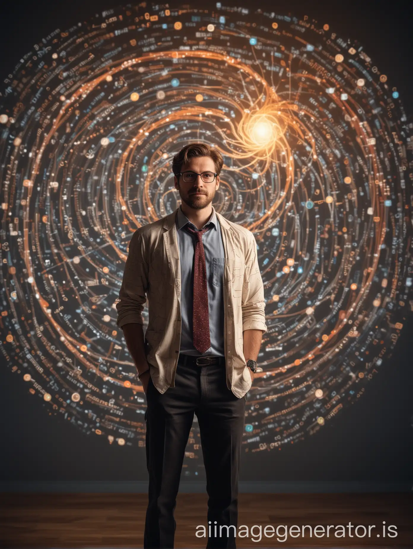 A man data analyst teacher stands confidently in front of a camera, bathed in warm, focused light that accentuates their enthusiasm. Behind them, a mesmerizing design of interconnected data nodes and vibrant visualizations swirls, hinting at the vast potential of data analysis.