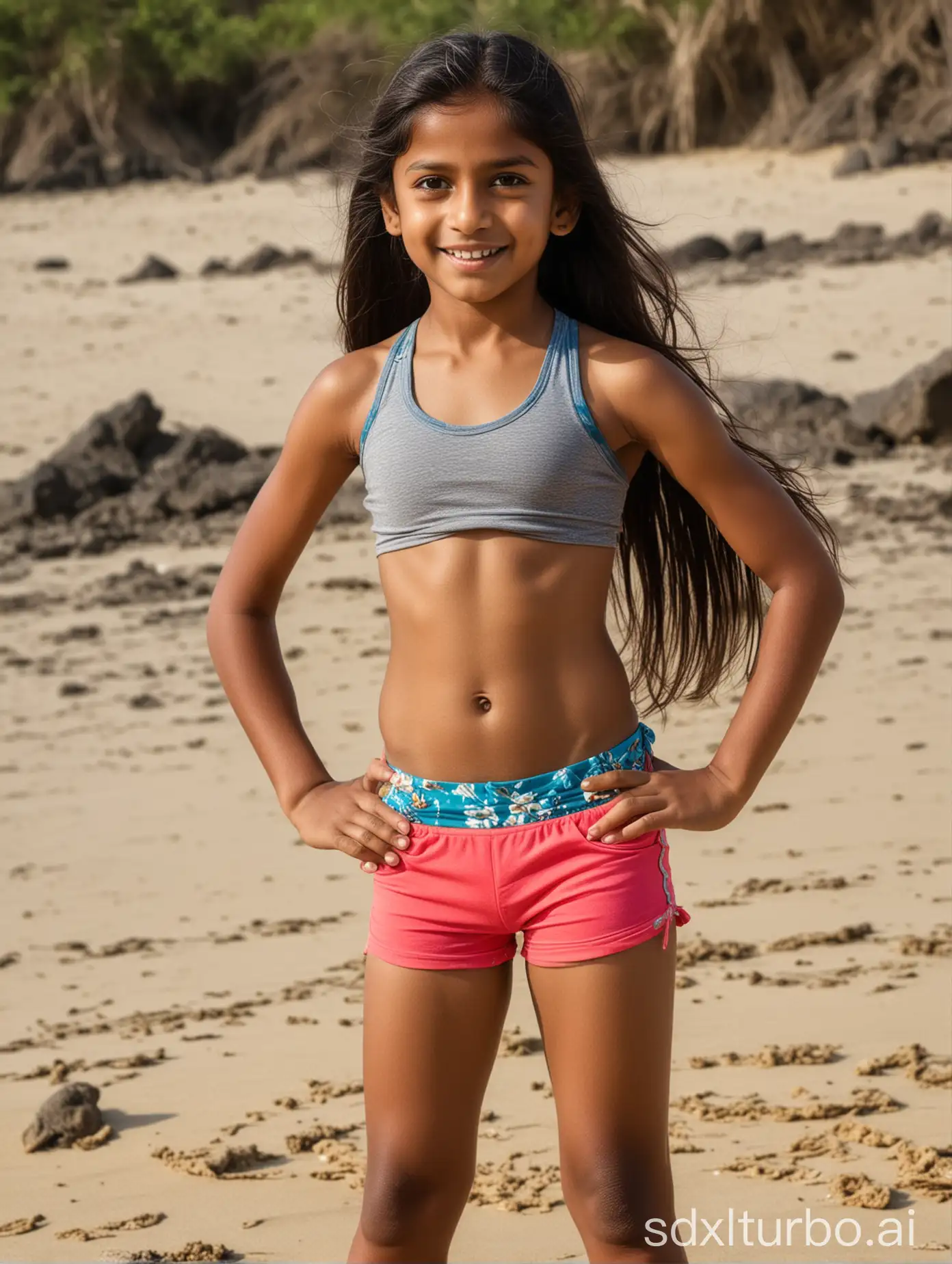 9 years old indian girl, long hair, muscular abs, showing belly, beach in India