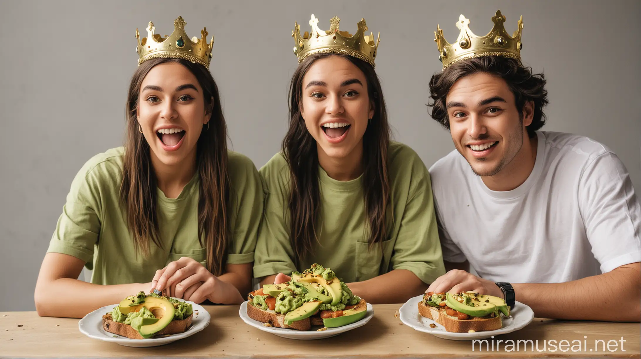 A millennial king who is a man and a millennial queen who is a woman, and they are eating avocado toast and wearing crowns

