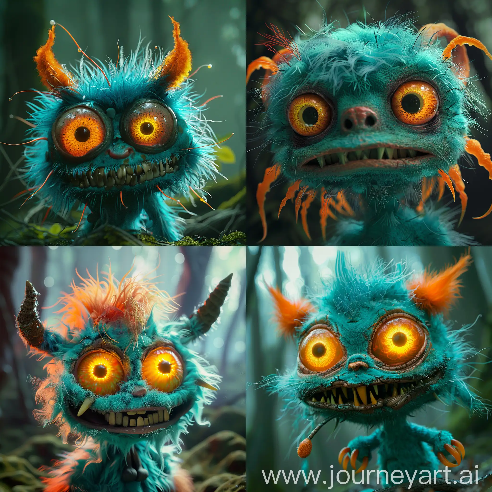  Detailed  character with glowing eyes crazy baby creature, sharp teeth smile,  turquoise fur with long orange frills and big eyes with a lanky looking  appearance, with yellow glowing irises, cinematic shot, atmospheric  lighting, incompetent & silly looking character creature. in the  style of Moebius & Pixar, on a forest punk dark background. 3D  characters. Volumetric-eyes. 