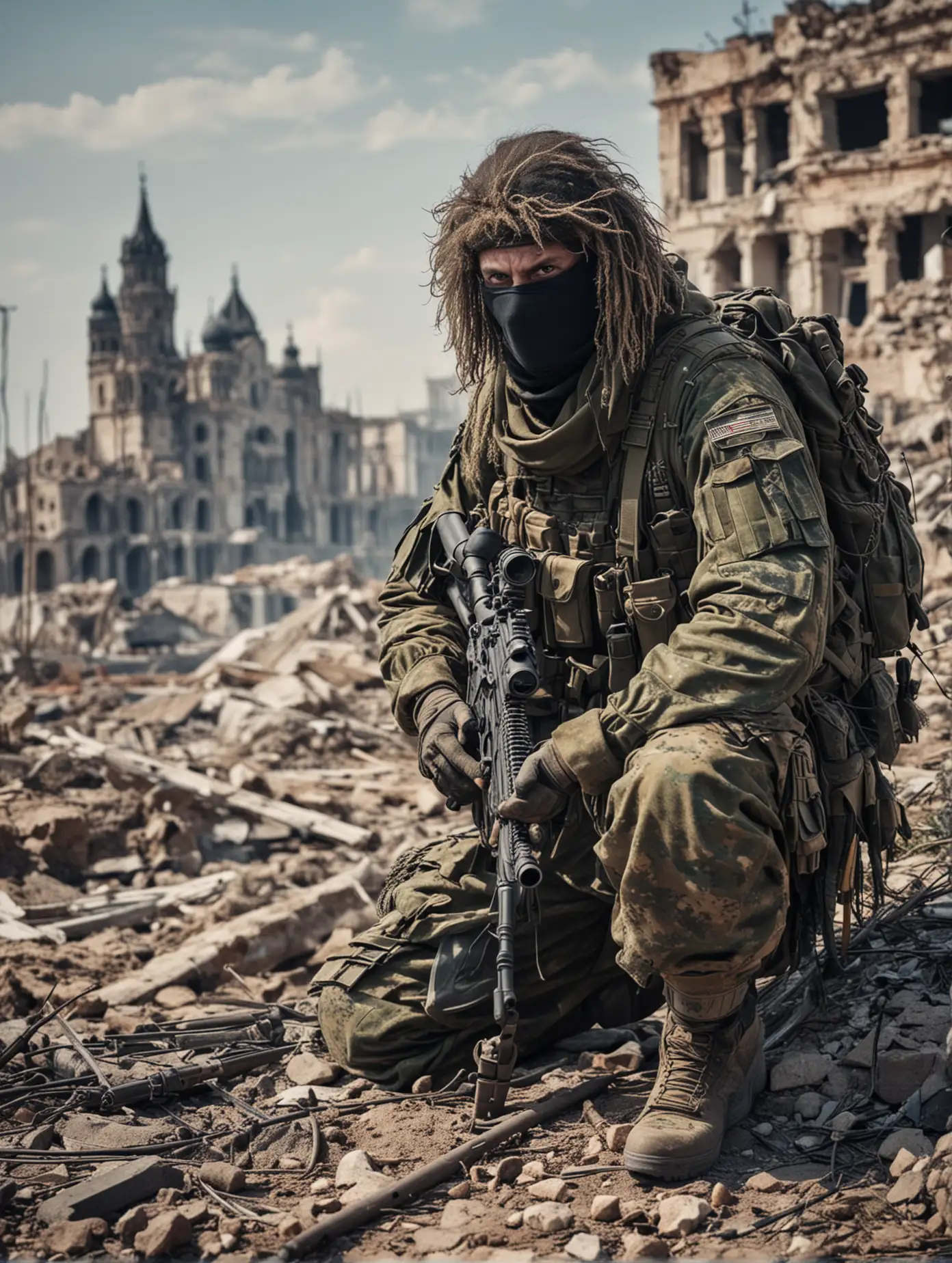 Снайпер России на фоне разрушенного города, одетый в маскхалат, детализированное оружие, детализированная одежда, солдат-снайпер