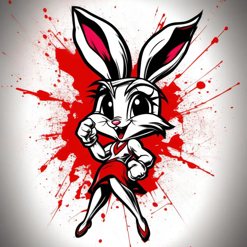 generate realistic professional design featuring a image of a super sexy Lola Bunny  with a black ink roll over  in glass pieces . add red and black ink splash and scratches and lines over the design  and texture. use white  blank background.