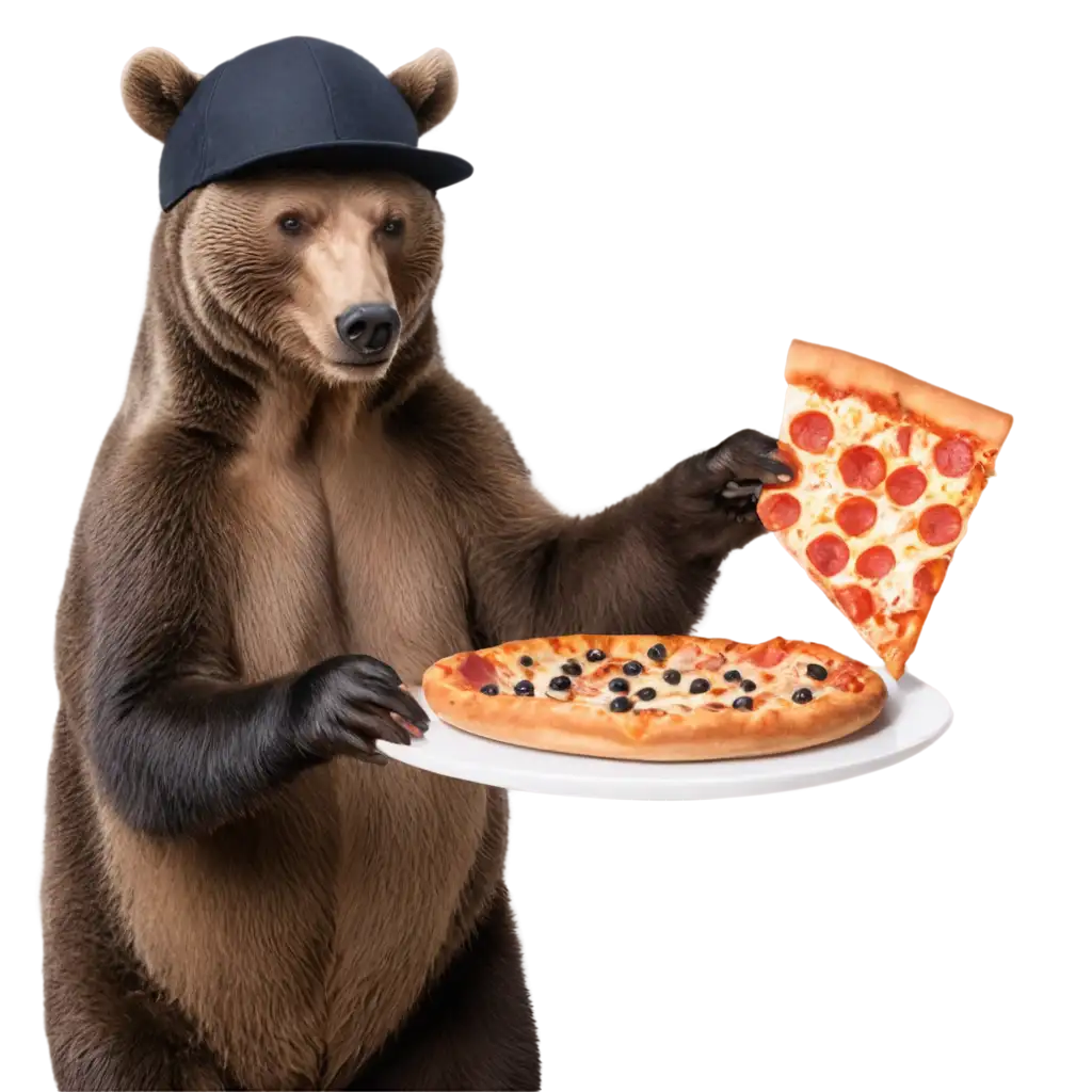 Bear with black hat eat pizza