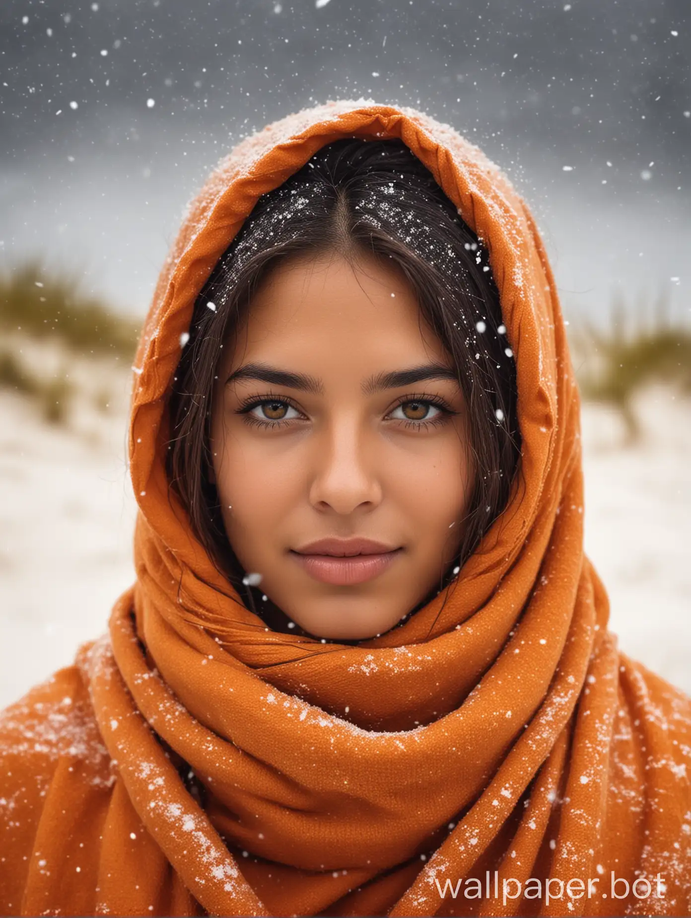 Brazilian girl wearing a weather with orange shawl over her head and face with background of vibrant winter dunes snowing