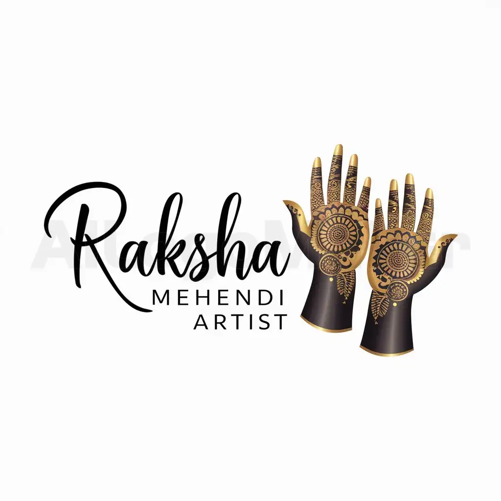 LOGO-Design-For-Raksha-Mehendi-Artist-Realistic-Hands-with-Henna-Gold-Black-Theme