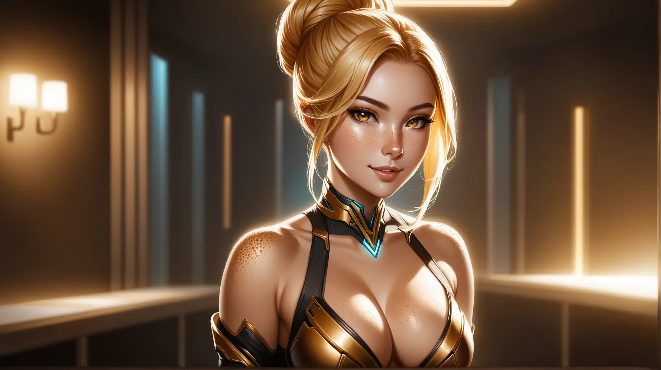 Seductive Blonde Woman in Warframeinspired Outfit Smiling in Ambient Indoor Lighting