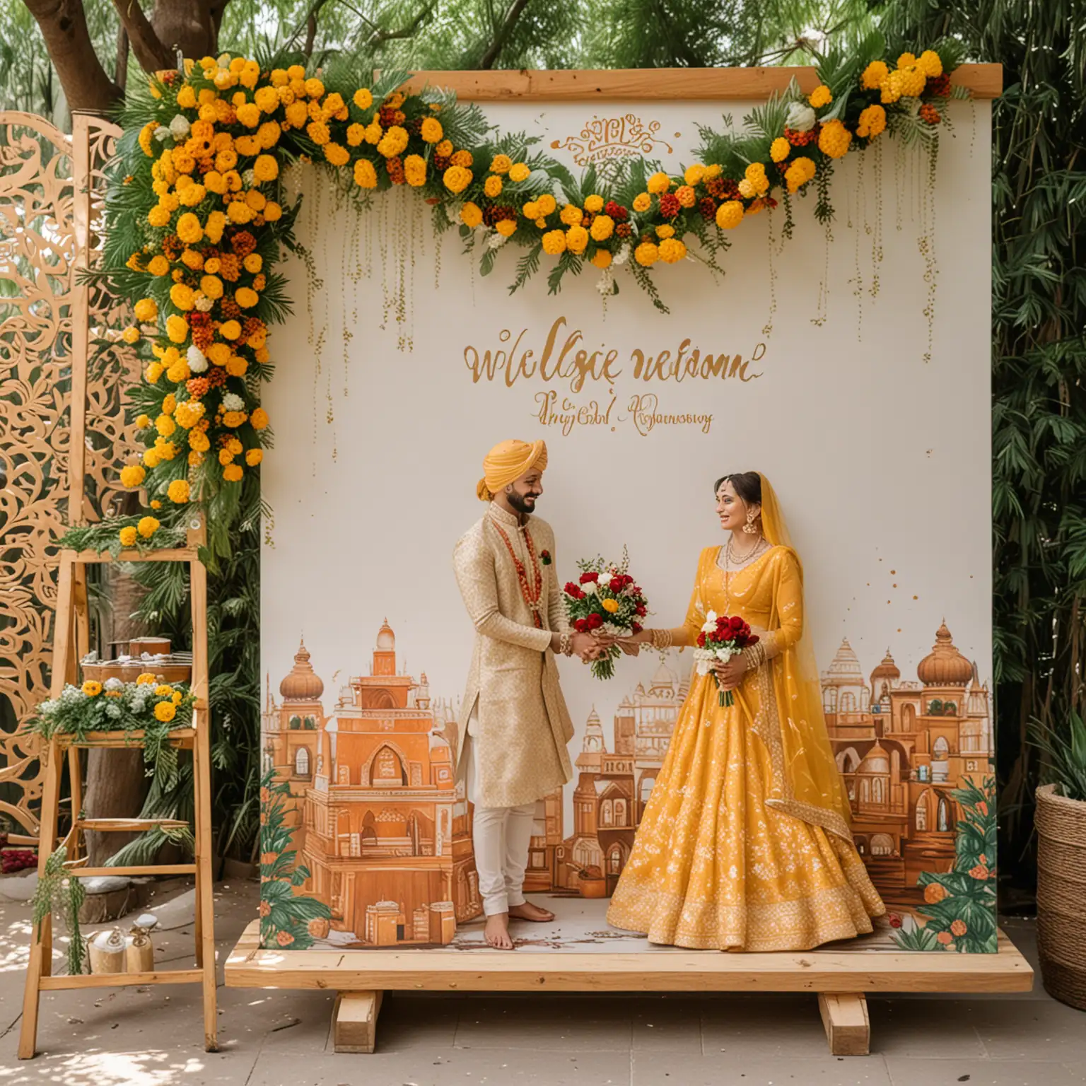 Wedding Welcom foam board printed on vinyl eco solvent with a wooden stand and Haldi decor in the background