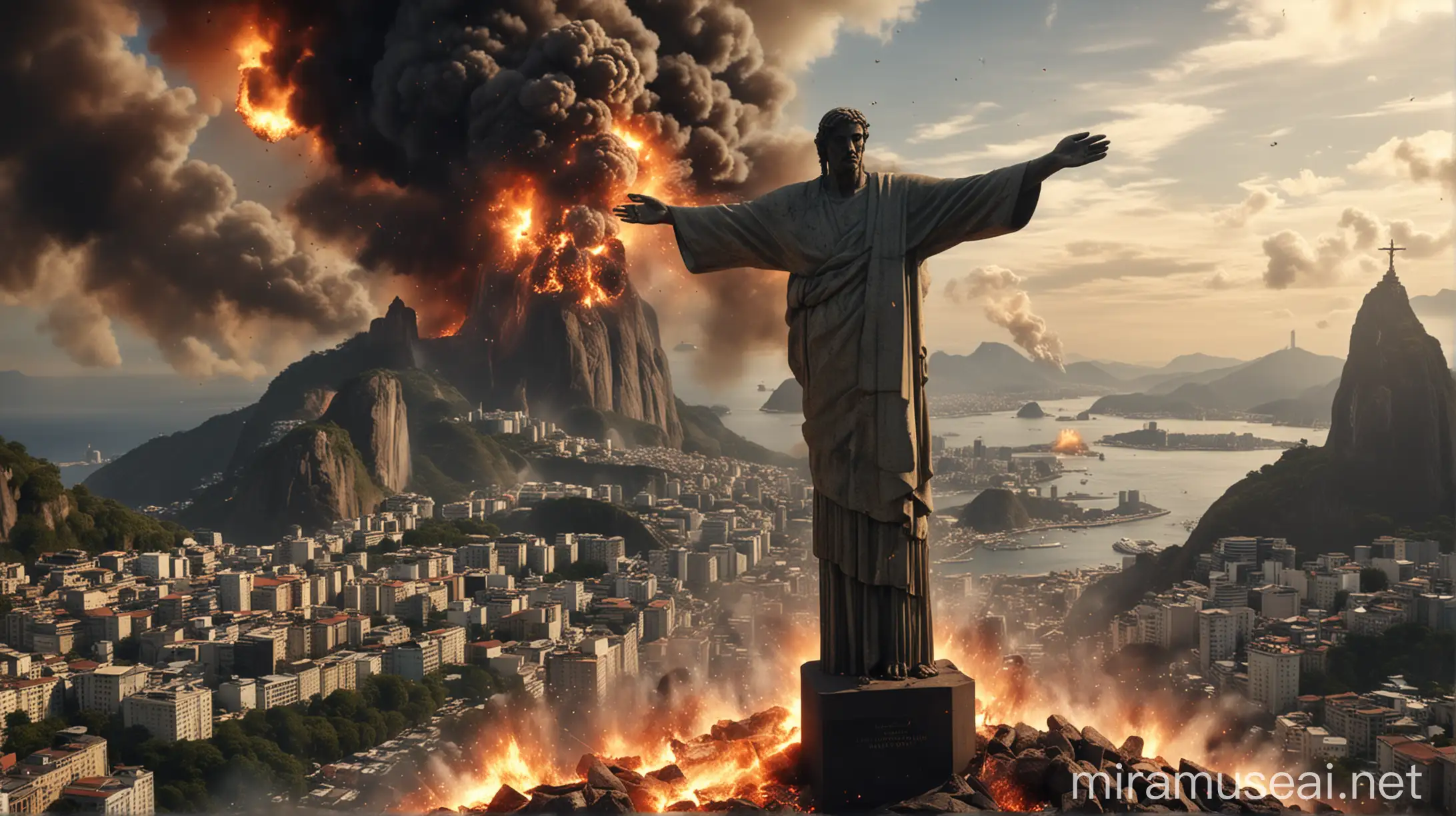 Rio de Janeiro in Flames WarTorn Cityscape with Cracked Christ the Redeemer and Explosions