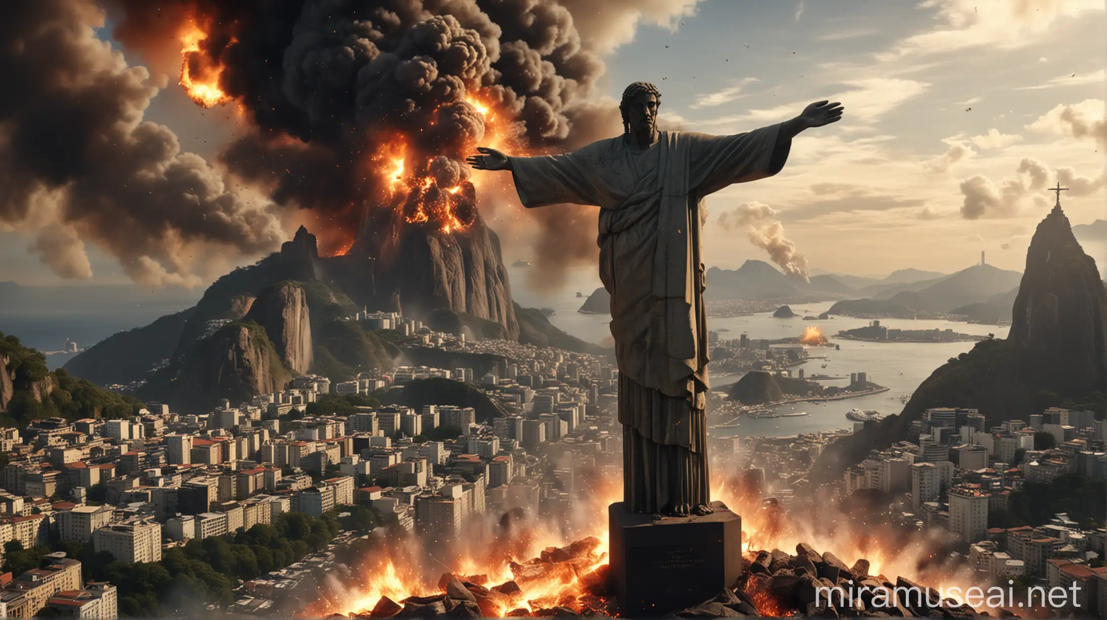 crie uma imagem com o rio de janeiro em chamas em guerra, o Cristo redentor rachado e ao fundo uma grande explosão. pessoas machucadas.imagem ultra realista. .