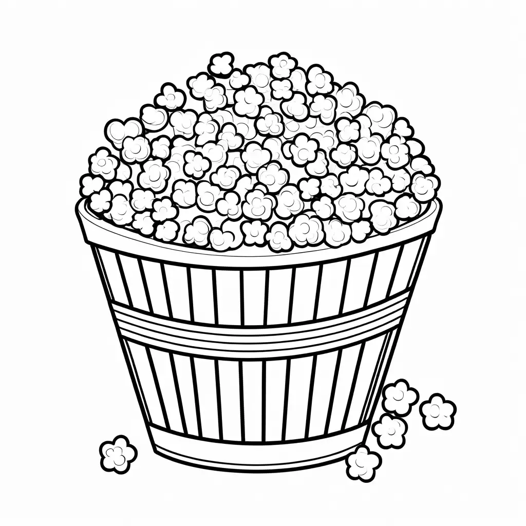 kawai themed cute Popcorn, Coloring Page, black and white, line art, white background, Simplicity, Ample White Space. The background of the coloring page is plain white to make it easy for young children to color within the lines. The outlines of all the subjects are easy to distinguish, making it simple for kids to color without too much difficulty. Coloring Page, black and white, line art, white background, Simplicity, Ample White Space. The background of the coloring page is plain white to make it easy for young children to color within the lines. The outlines of all the subjects are easy to distinguish, making it simple for kids to color without too much difficulty