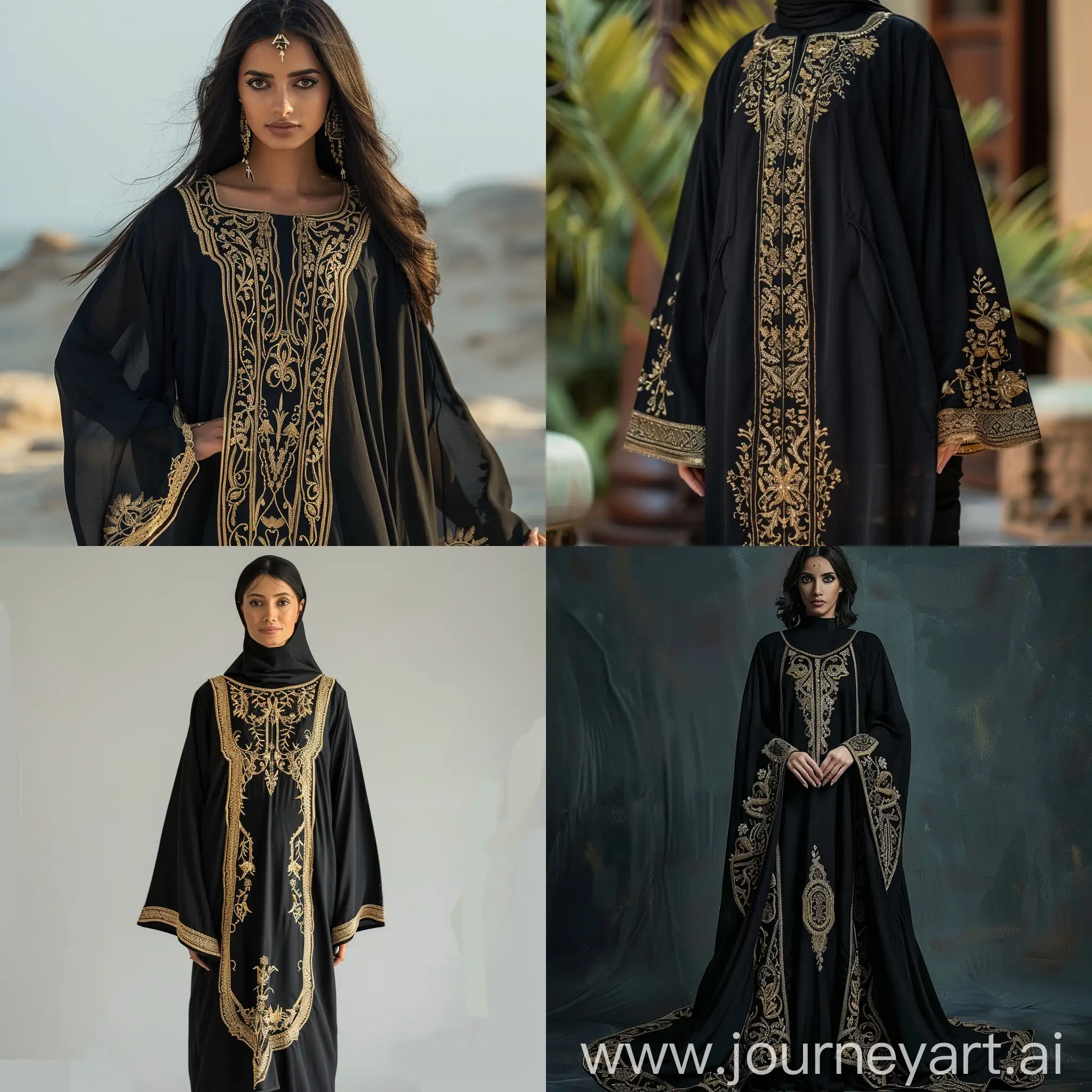 make image,  a 30 years old dressed in an elegant black Caftan with detailed gold embroidery