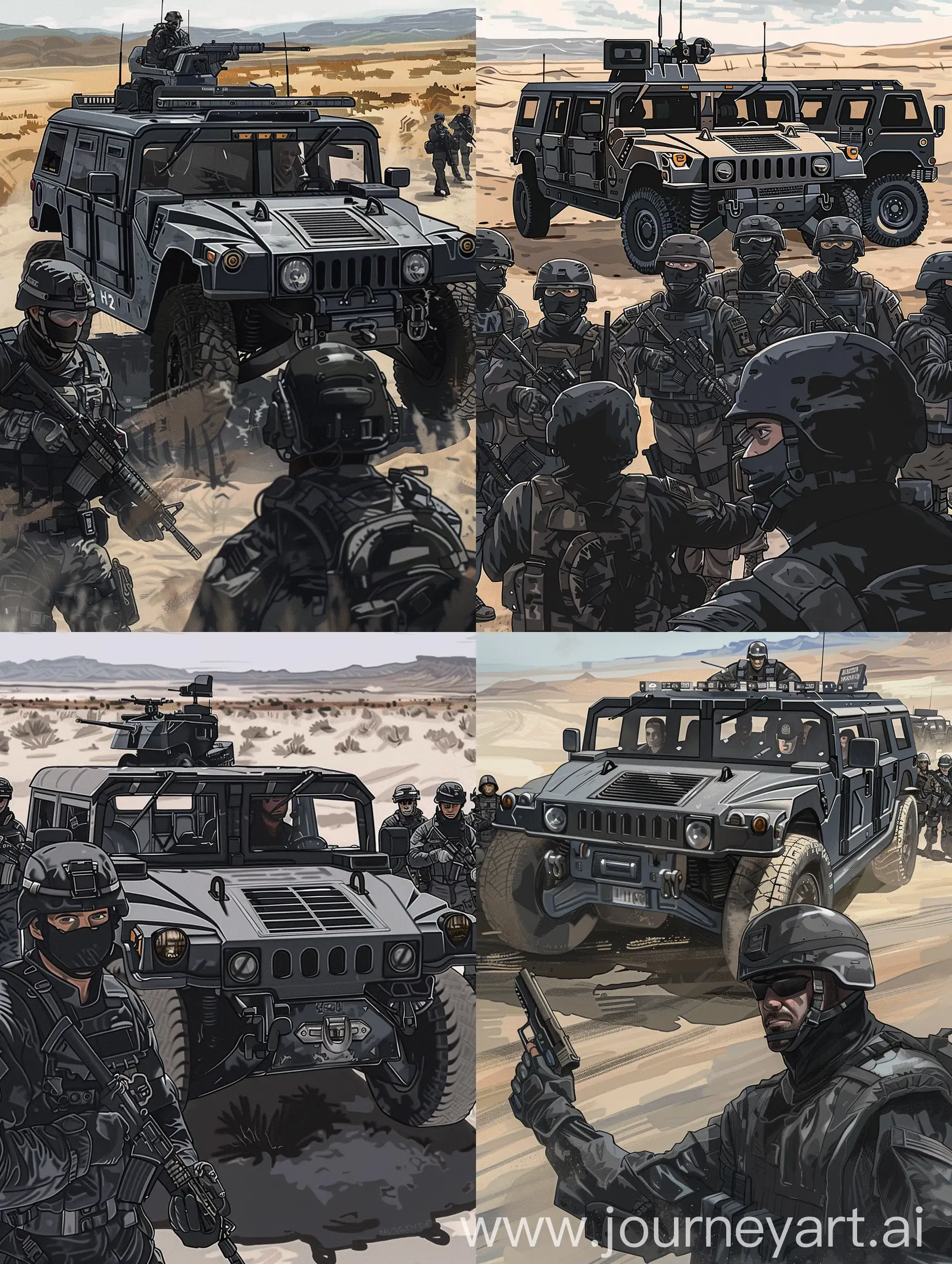 A group of soldiers dressed in black and in front of them Josh Dummel is wearing a black military uniform and has a gun in his hand, in the background the Rescue H2 HUMMER car has a black military design, black and gray color predominance, the soldiers' vehicle is the H2 HUMMER rescue car, drawn in Concept art style, desert view in the background, daytime