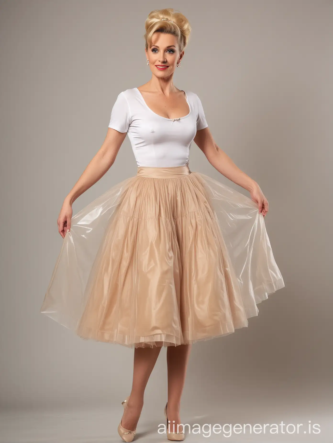 ankle-length fifties bouffante nude sheer bouffant petticoat, worn by a 40-year-old lady with matching control shapewear with underwired cups