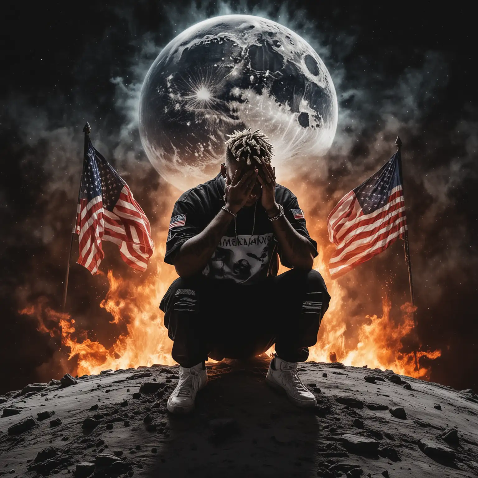 XXXTENTACION, SITTING ON THE MOON, COVERING HIS FACE WITH HIS HANDS, BEHIND HIM THE AMERICAN FLAG, BEHIND THE PLANET EARTH, WHICH IS BURNING