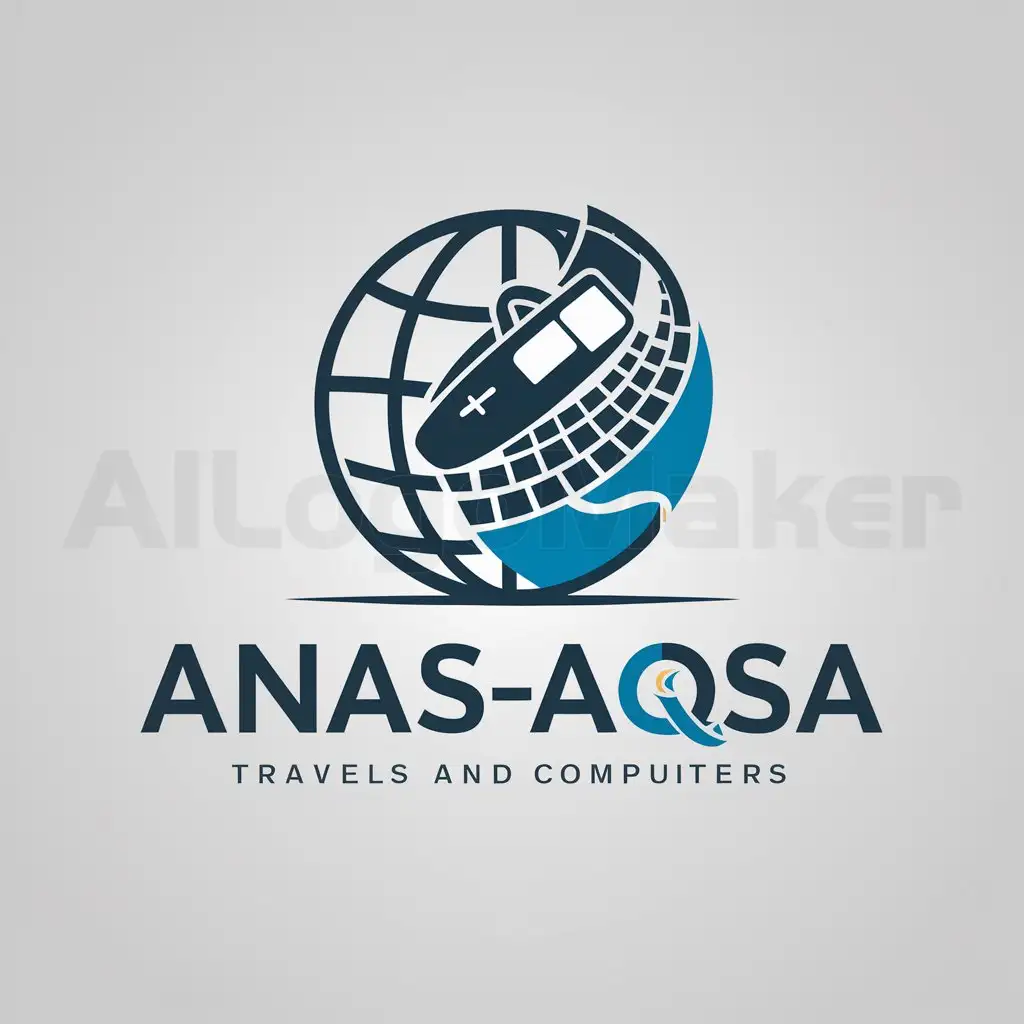 a logo design,with the text "Anas-Aqsa Travels and Computers", main symbol:Create a logo that incorporates both 'travels agency' and 'computer' in a way that customers can remember. For example, you can include a stylized globe or compass as a symbol of travel and integrate Airplane computer-related icons such as mouse, keyboard. These elements Can creatively mix and match to create a simple logo that reflects the essence of my business.,Moderate,be used in Travel industry,clear background