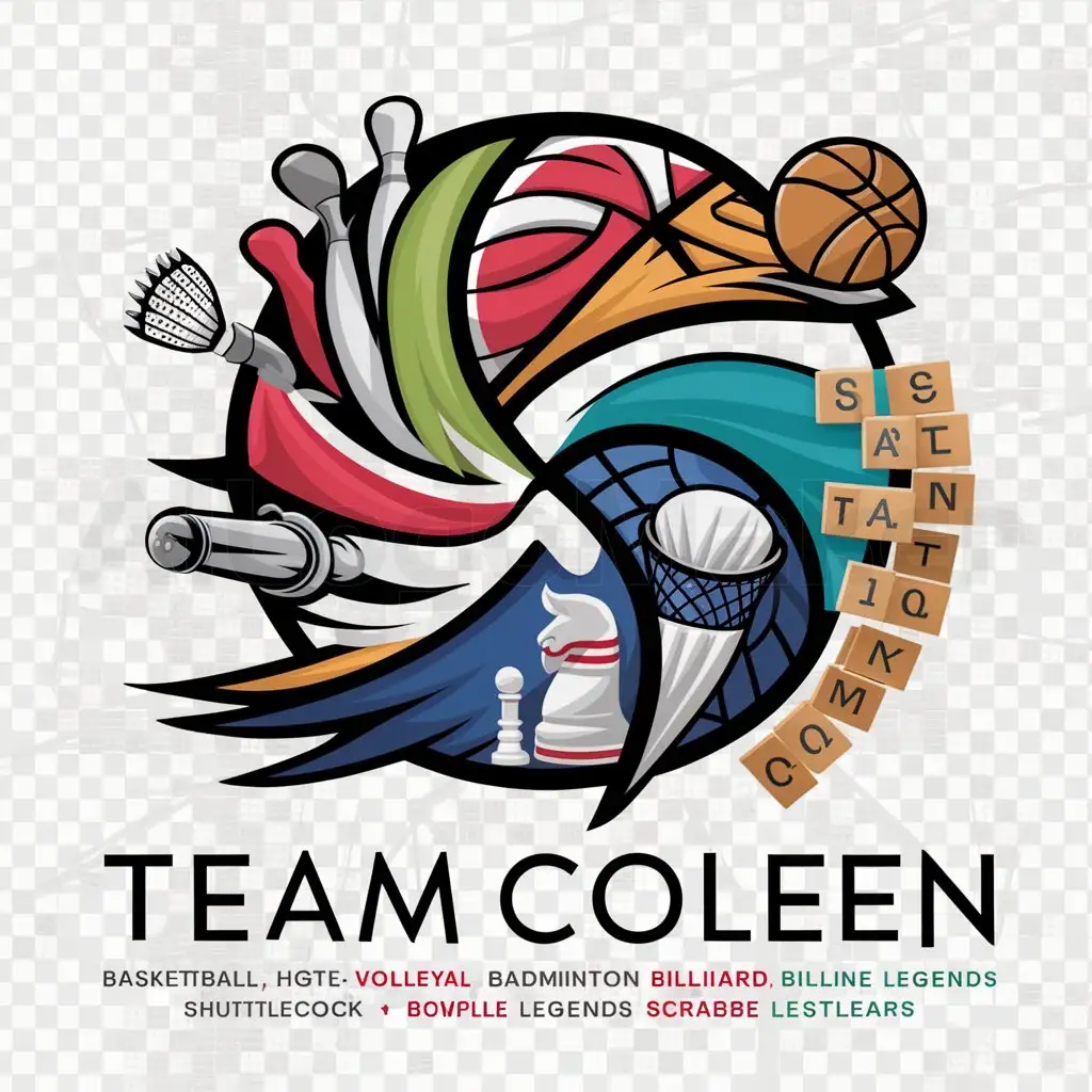 a logo design,with the text "Team Coleen for basketball, volleyball, billiards, Badminton, bowling, Chess, Mobile Legends and Scrabble", main symbol:Team Coleen for basketball, volleyball, billiards, Badminton, bowling, Chess, Mobile Legends and Scrabble,complex,clear background