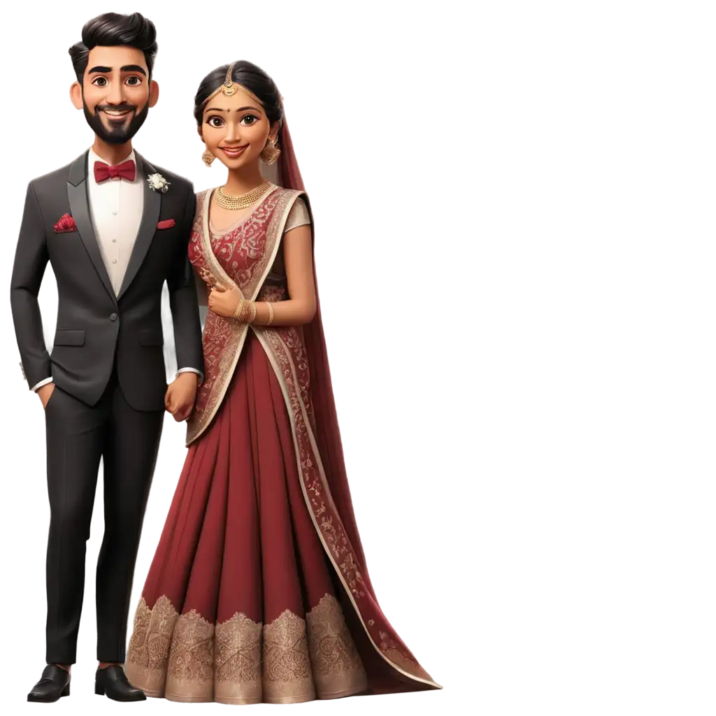 indian Hindu wedding caricature in Black tuxedo suit outfit for bride and groom in maroon wedding lehenga for wedding night