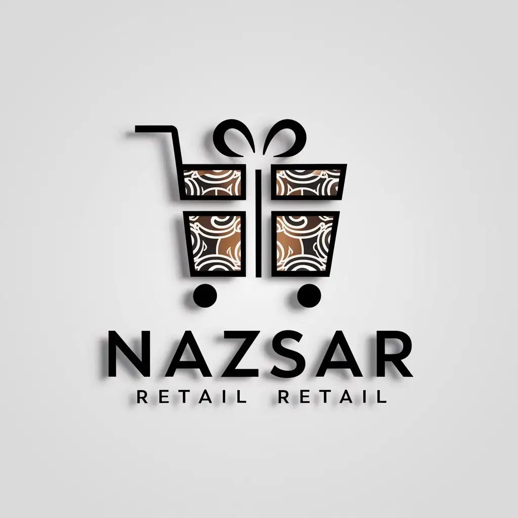 a logo design,with the text "Nazsar", main symbol:this logo should includes gift boxes, a shopping cart, or customizable text.. preferred color brown and black and white. must be white background,Moderate,clear background