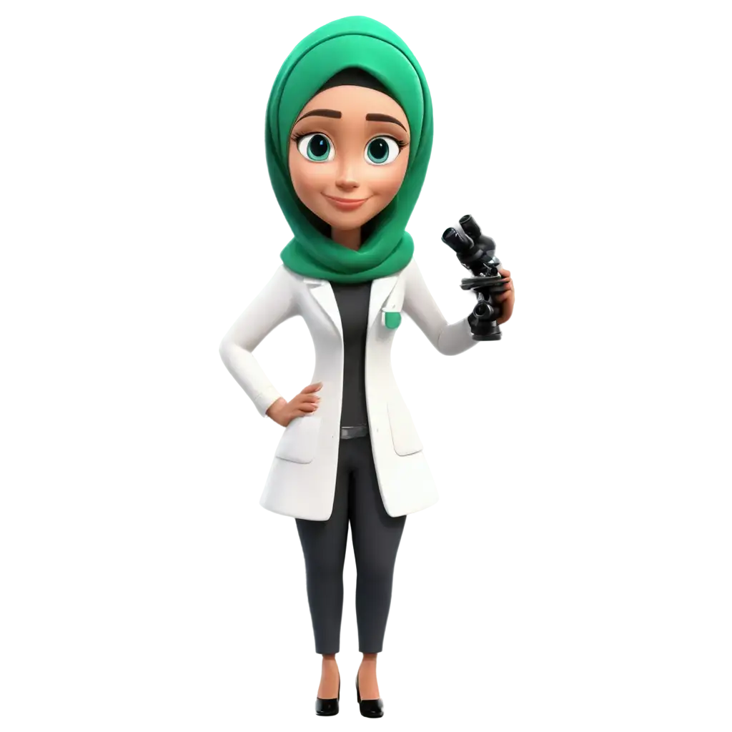Beautiful young woman wearing green hijab, wearing lab coat, a laboratory technologist, 3d cartoon, looking at a microscope