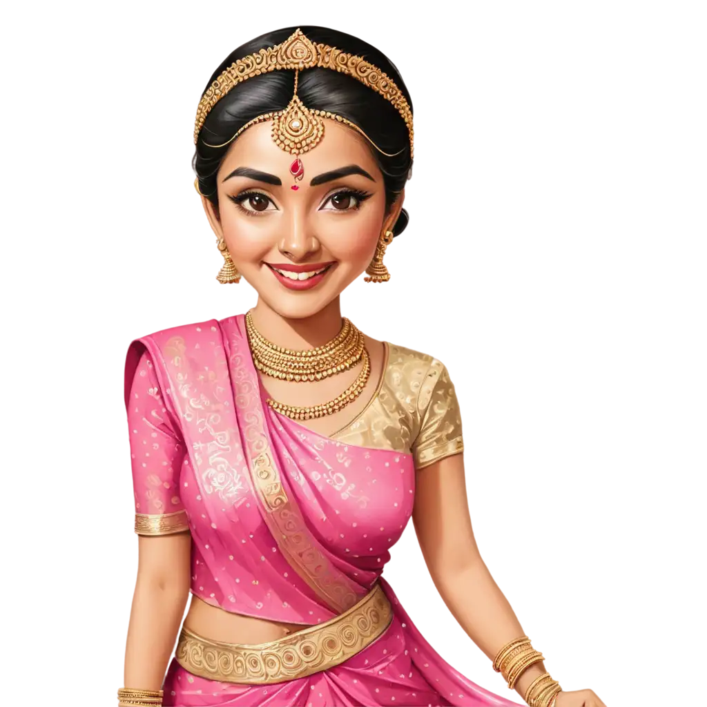 south indian wedding caricature in pinkish outfit of bride in saree