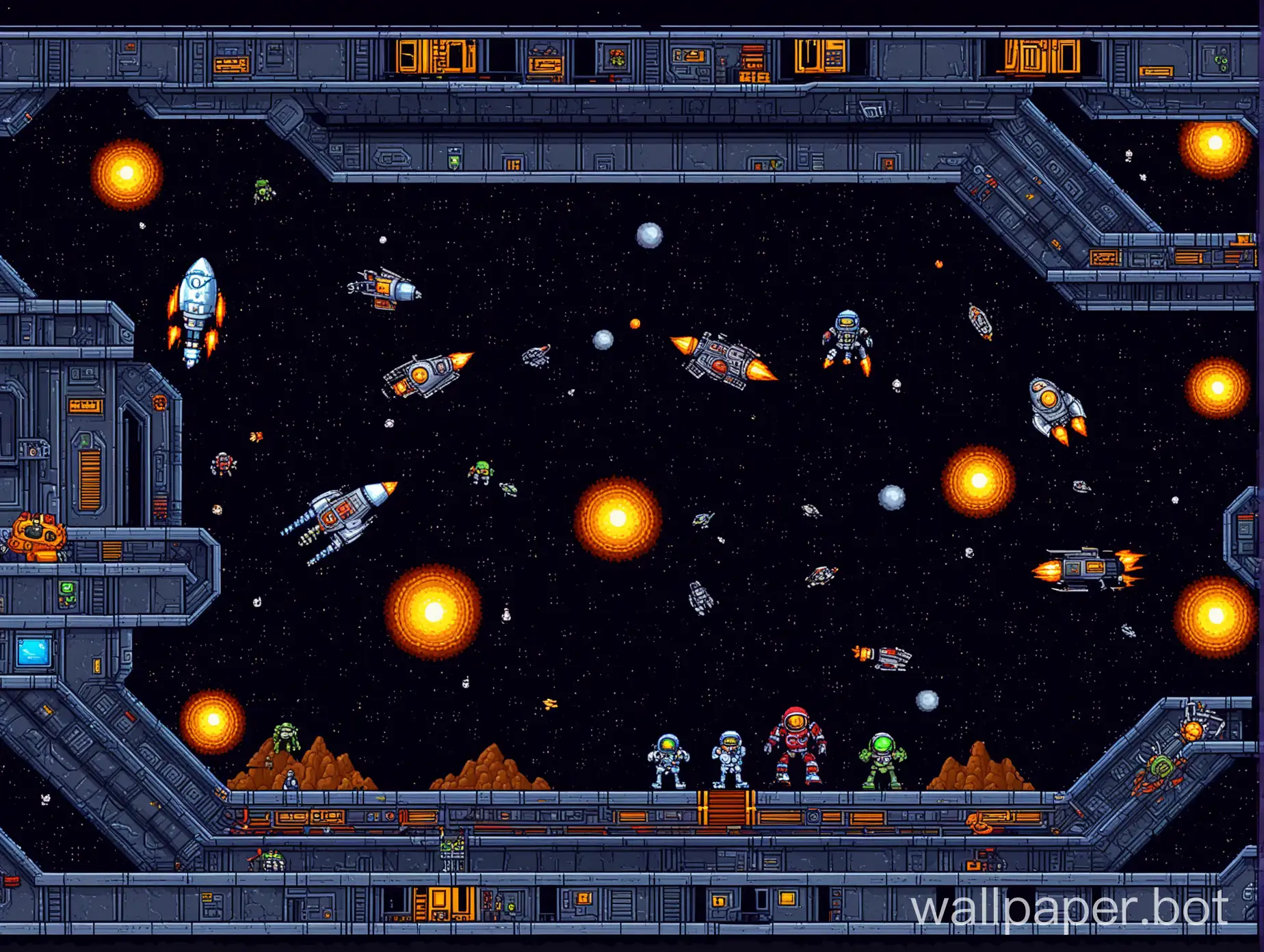 videogale shootemup sidescroller level, 2d, space futuristic, mission doom