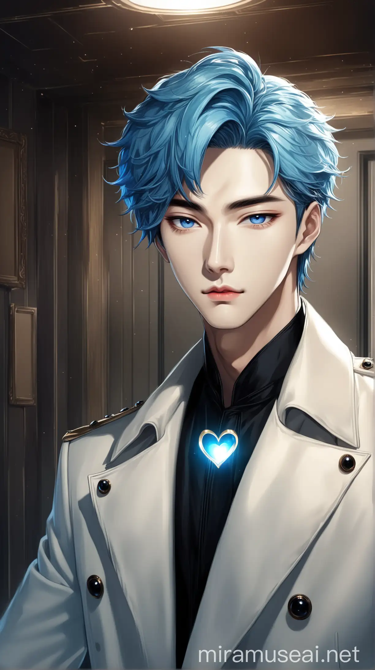 In a SciFi theme secret cabin. 
(one the most attractive handsome elegant looking Korean kpop male idol with blue hair, sea blue eyes, straight upturned nose, monolid big doe almond eyes, lower fuller lips, round borderlining heart shaped small face, straight eyebrows) adjusting his shinning long coat with his hand, and looking with his eyes straight, standing  in elegant way . 