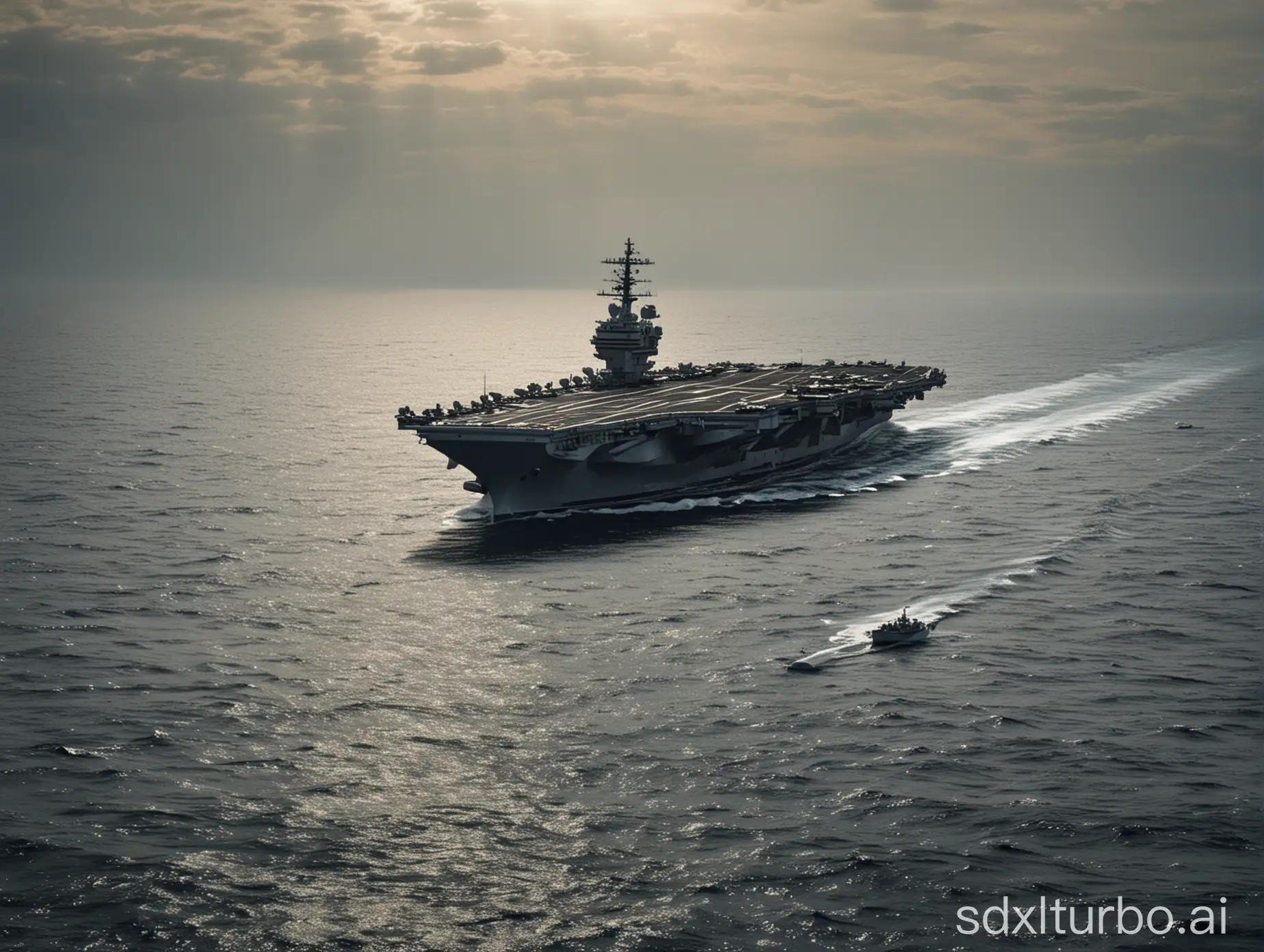 aircraft carrier sailing on the vast sea