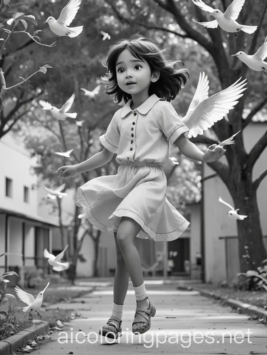 Una niña tabasqueña jugando en el patio de la escuela, la escuela rodeada de árboles y 2 pájaros sobrevolando , Coloring Page, black and white, line art, white background, Simplicity, Ample White Space. The background of the coloring page is plain white to make it easy for young children to color within the lines. The outlines of all the subjects are easy to distinguish, making it simple for kids to color without too much difficulty