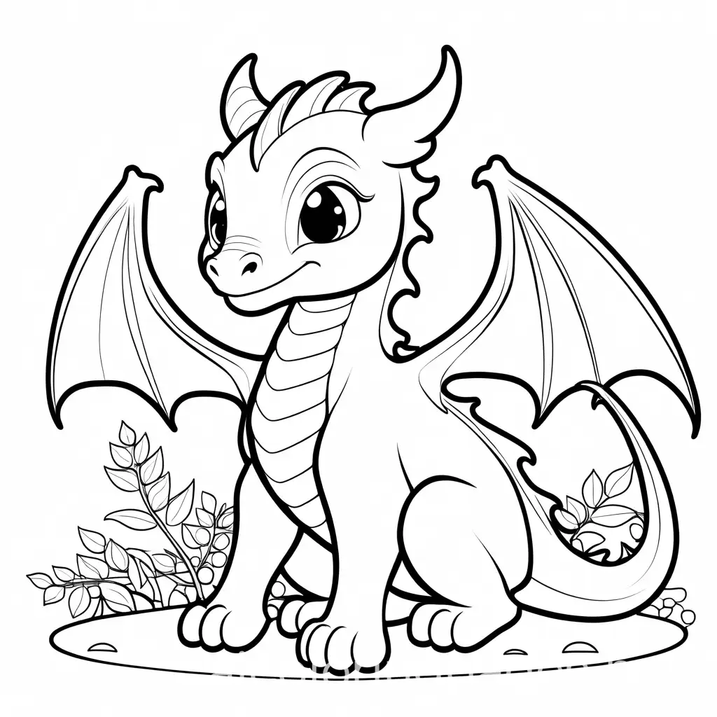 cute dragon, Coloring Page, black and white, line art, white background, Simplicity, Ample White Space