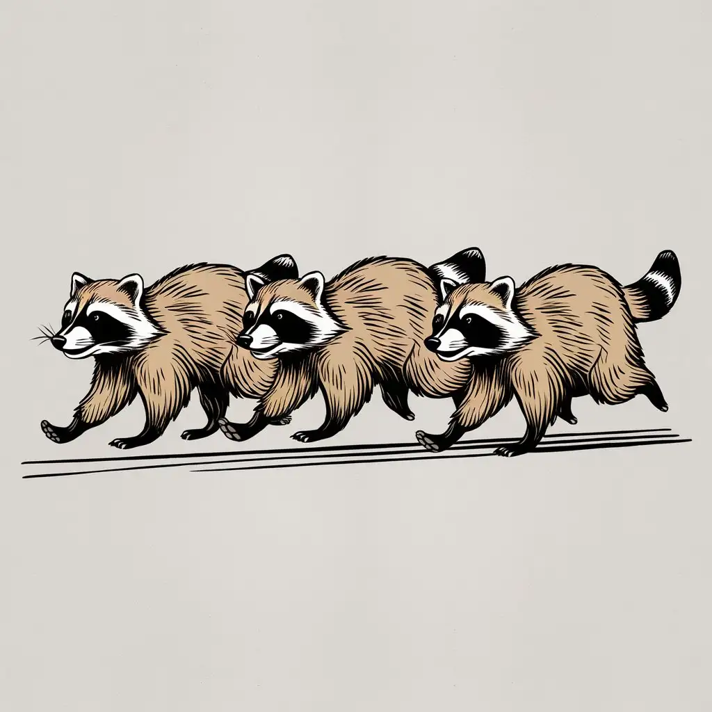 three raccons jogging on 4 paws in queue fine line art vintage looks on white background