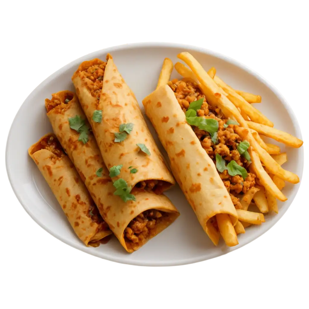 Top View Photo of Chicken Paratha Roll And Loaded Cheese Fries in a white oval plate