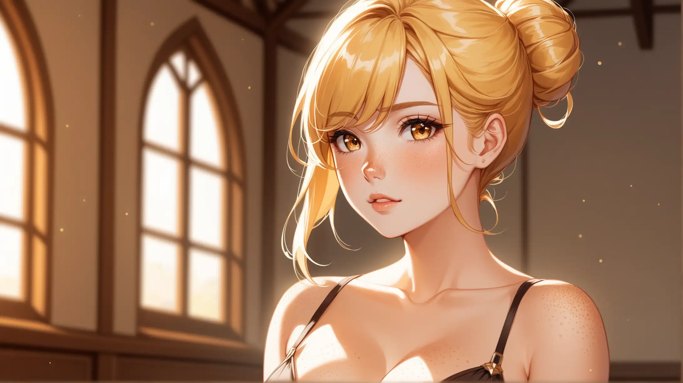 Draw a woman, long blonde hair in a bun, gold eyes, freckles, perky figure, outfit inspired from Genshin Impact, high quality, cowboy shot, indoors, seductive pose, natural lighting, loving gaze