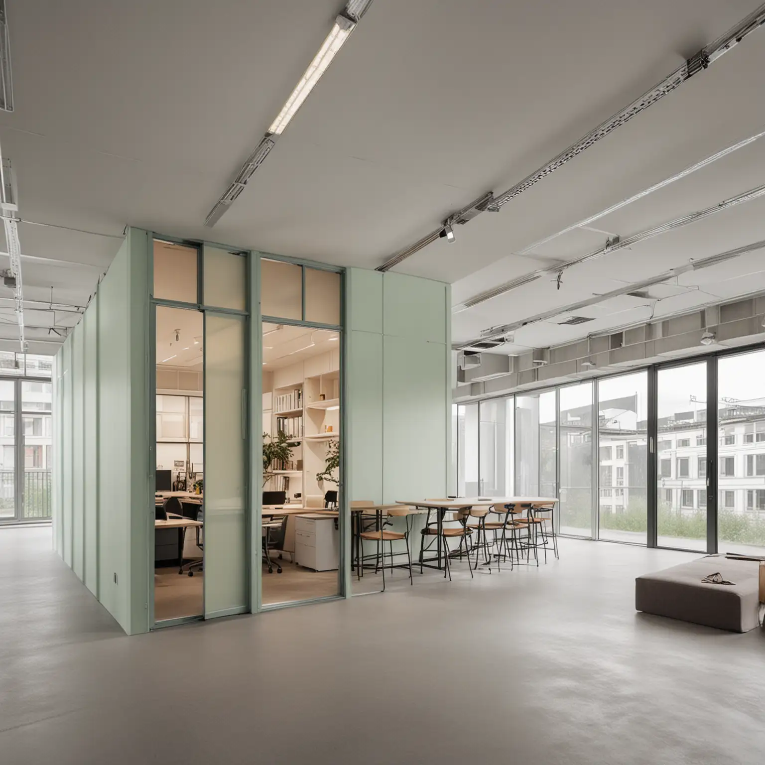 Modular space in space system of a designer office, closed on the upper side, rectangular pavilion, friendly color mood, bright open room and frameless windows