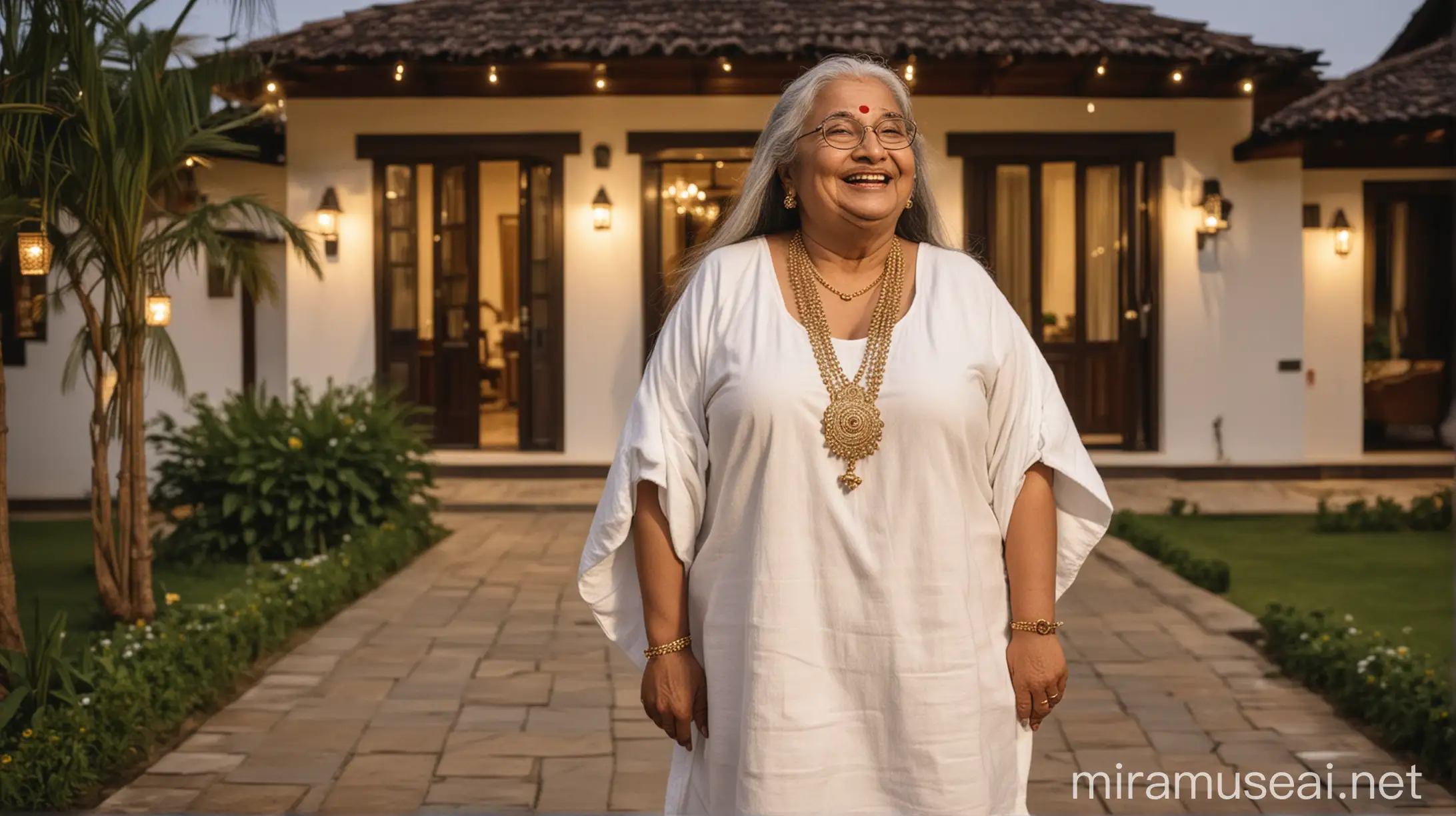 desi  good looking fat granny with thick long hair and wearing bindi happy and laughing standing in luxurious farm house wearing only a  white towel and high heels on feet , a gold necklace a spectacles on eyes  at night in a luxurious court yard ,in background there is a luxurious farm house with a 25 years muscular man 
