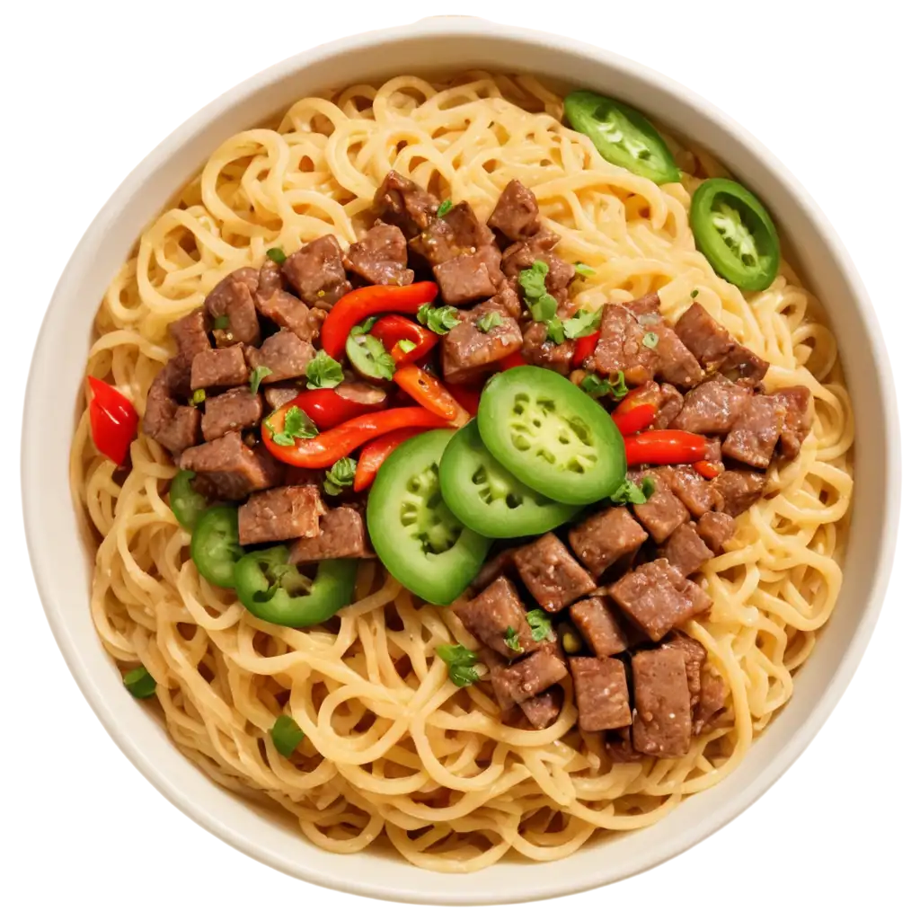 A plate of noodles with half an egg, chopped red pepper, thinly sliced green capsicum, sliced sausage and sprinkled on the plate.