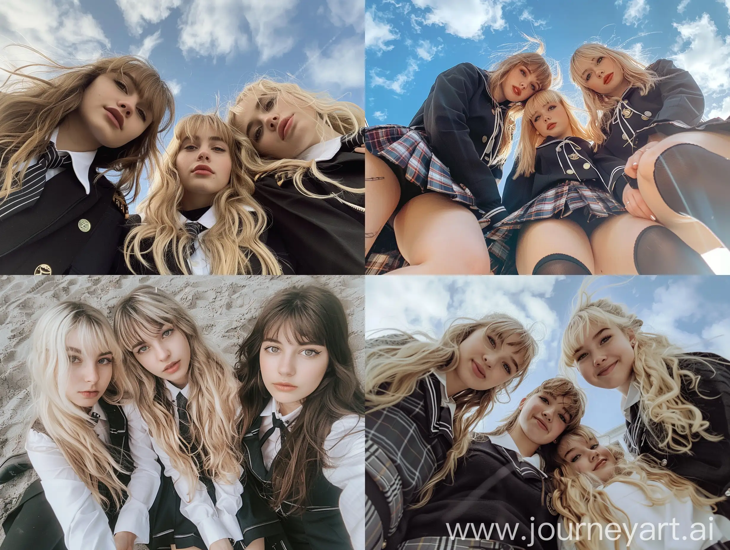 Three-Young-Women-in-Stylish-School-Uniforms-Taking-Natural-Sky-View-Selfies