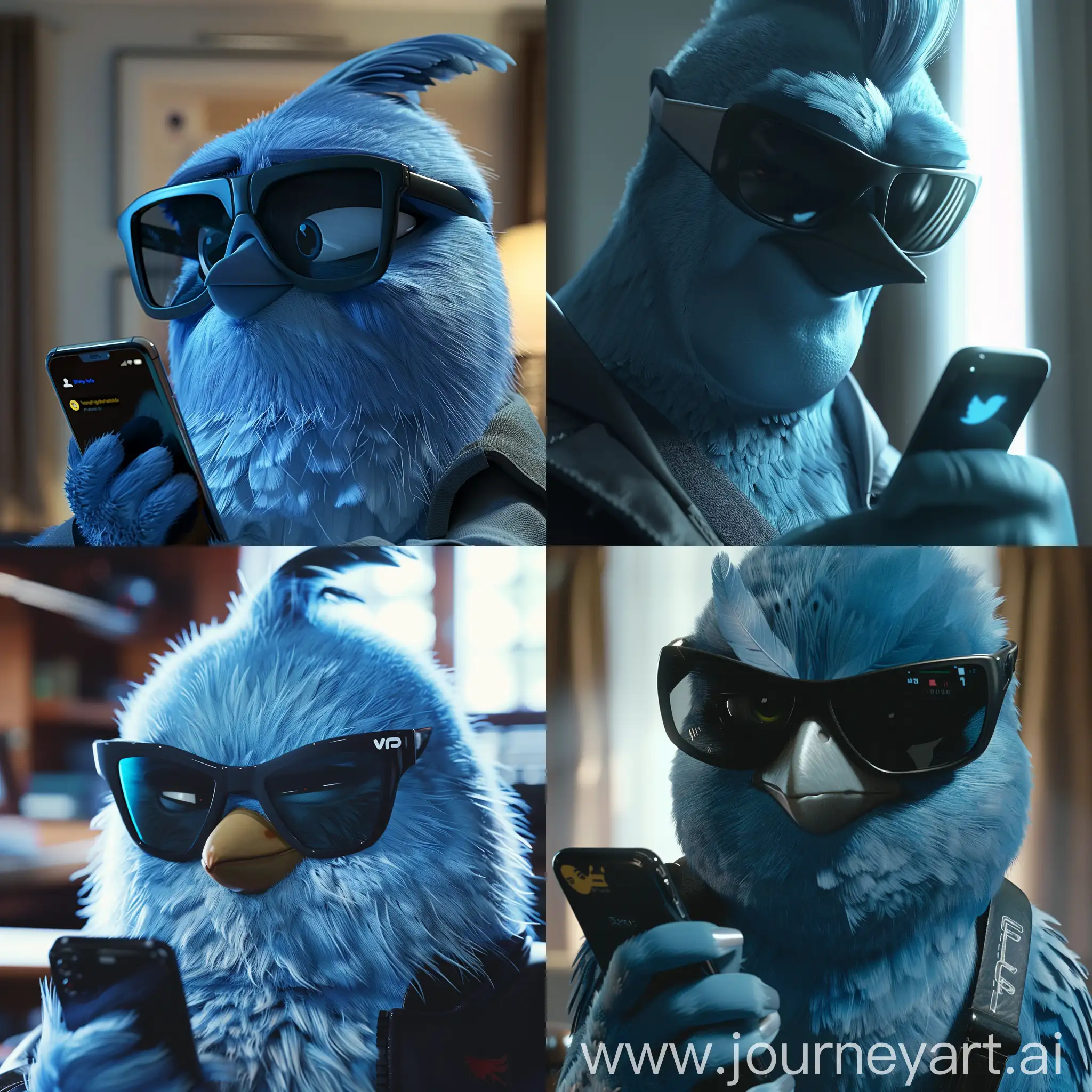 Cool-Blue-Bird-with-Black-Sunglasses-Shows-Phone-Screen
