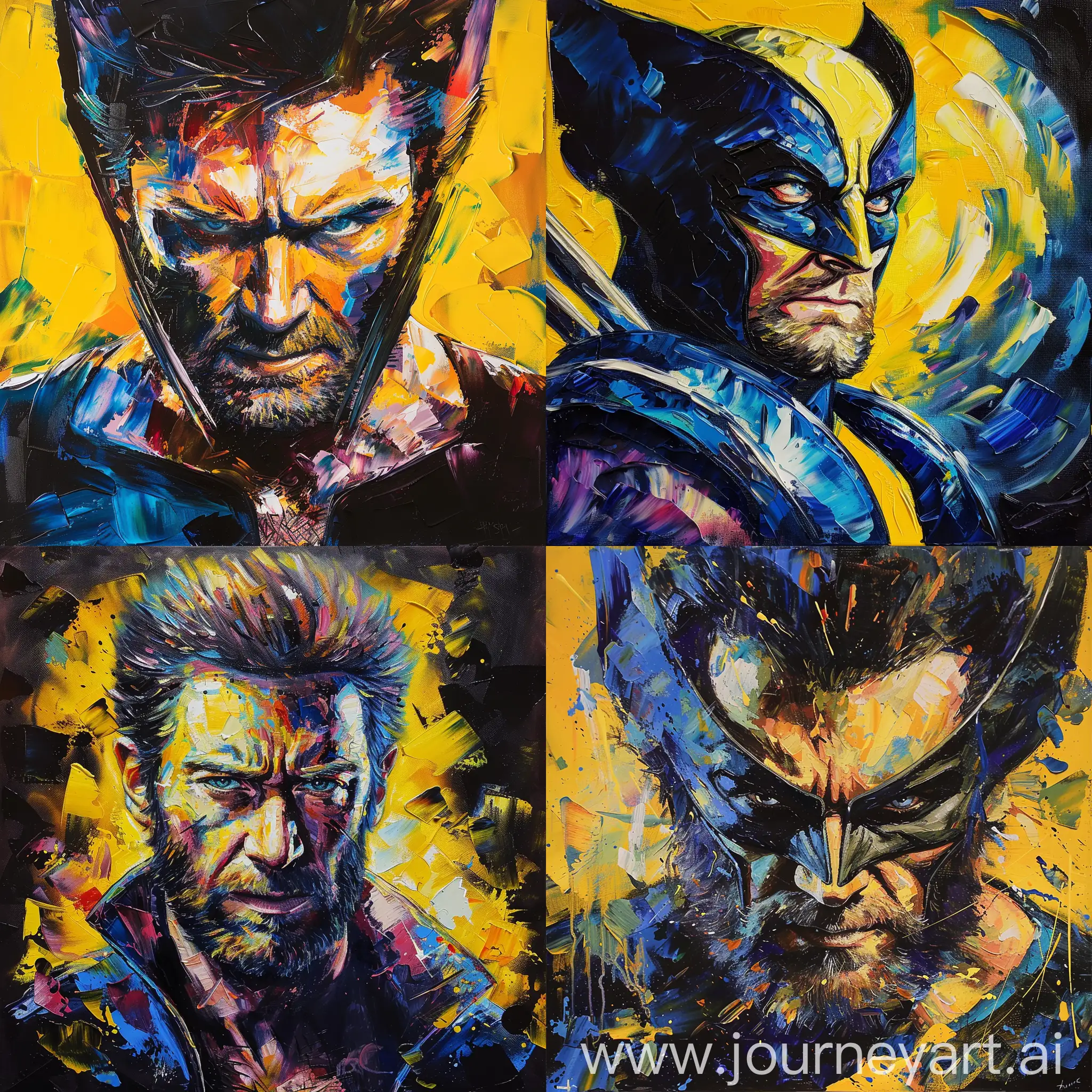 oil painting of huge jackman as wolverine in van gogh style with soft vibrant pastel colors with yellow and black background