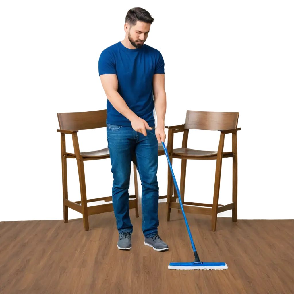 a bearded man mopping the living room, wood background wallpaper 
