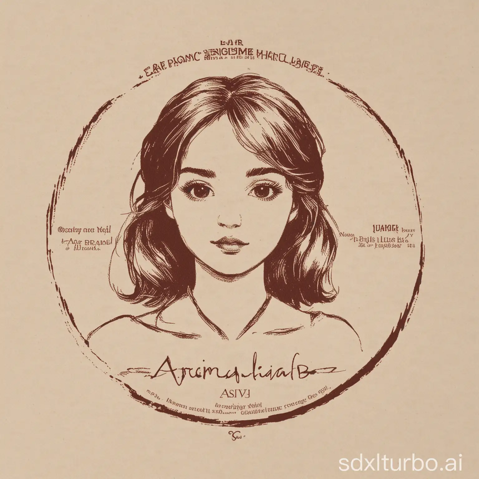 An aromatherapy label, all the content is confined to an area of 2.5cm*2.5cm; the layout of the organization of the upper middle and lower part: the upper part, the brand Logo “AromaLab”; the middle part: the head of the American girl in a sketch; the lower part, the name of the fragrance “Poison Girl“