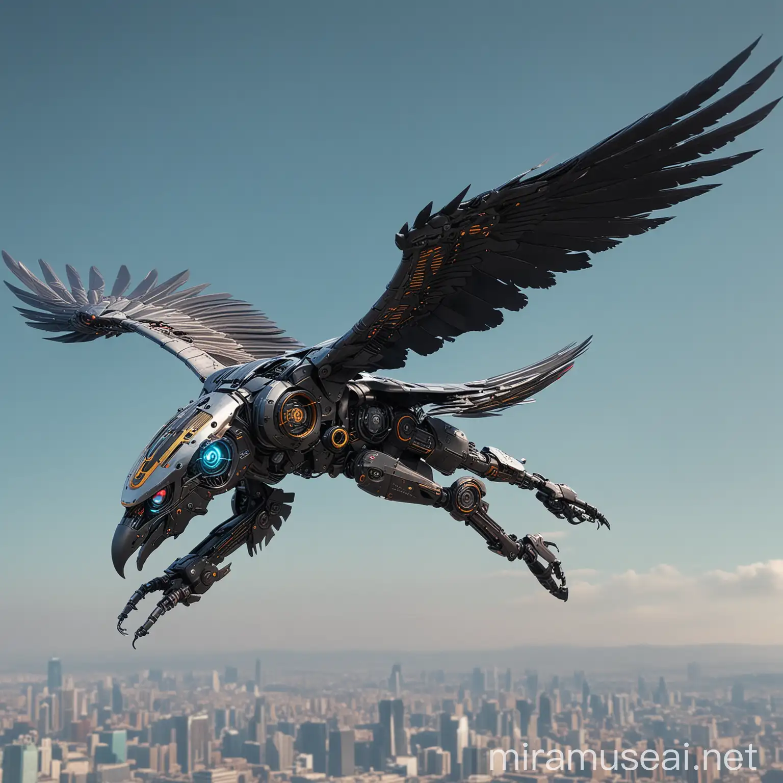 Cyberpunk Style Robotic Black Eagle in Full Flight