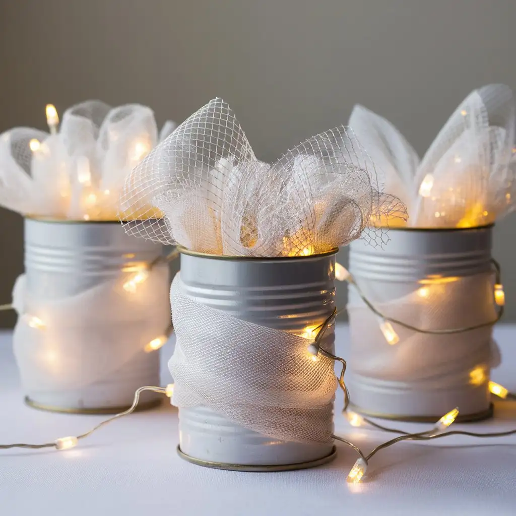 simple wedding centerpiece with white tin cans covered with soft mesh and filled with white sparkling mesh fabric  intertwined with fairy lights flowing out of the cans ; keep background neutral