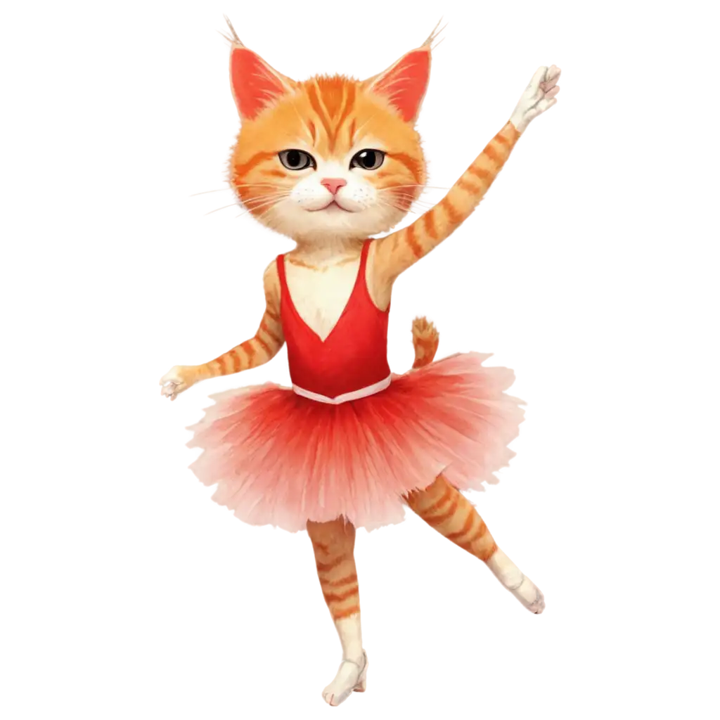 Create an artwork of a robust ginger tabby cat dressed as a traditional ballerina. The cat should appear serious and noble, standing upright on its hind legs. It should be wearing a detailed samurai armor in red and gold colors, complete with a helmet that has a headband marked with Japanese kanji. The cat should have a pair of katana swords sheathed on its back. In the background, include a large, faded red sun, adding a dramatic and historical Japanese feel to the image. The style should be slightly weathered and vintage, like a traditional woodblock print.