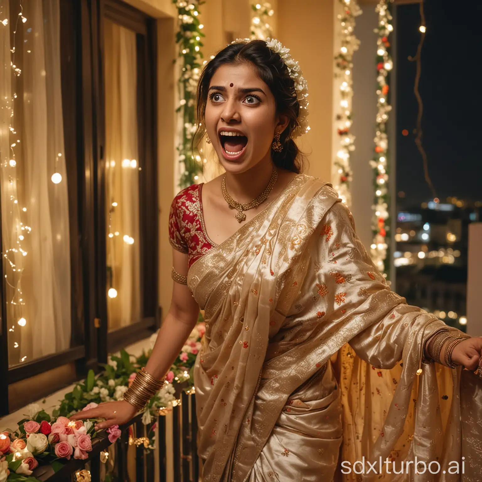 A 22-year-old attractive woman, dressed in a bridal saree made of silk, is screaming in shock on the balcony of a room adorned with flowers and lights, at night.