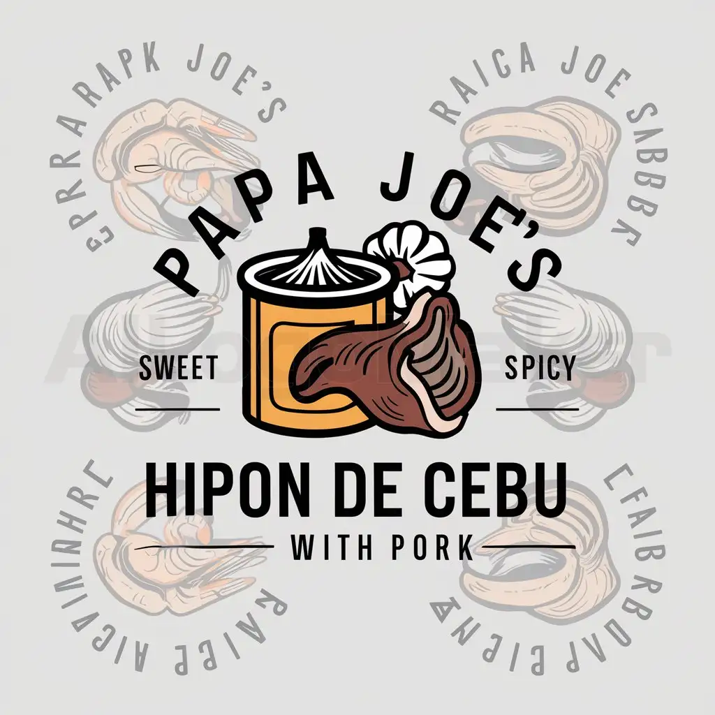 a logo design,with the text "Papa Joem's Sweet and spicy Hipon De Cebu with Pork", main symbol:shrimp paste, pork, garlic, onion,Moderate,be used in Restaurant industry,clear background