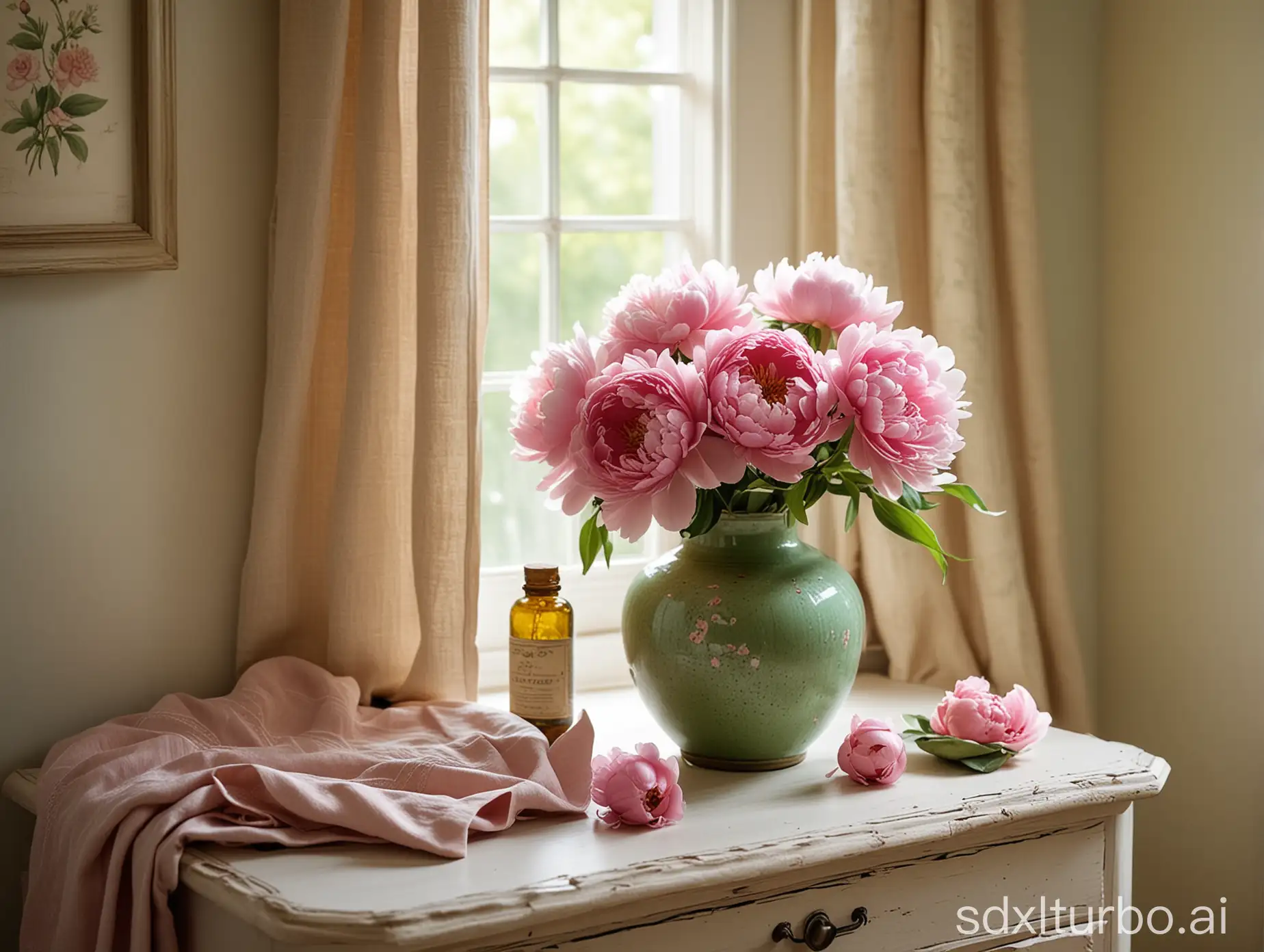 Serene-Bedside-Table-with-Blooming-Peonies-in-Antique-Vase