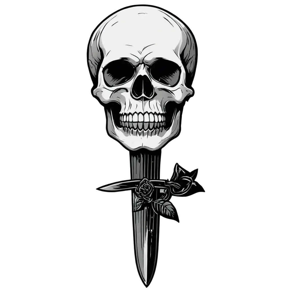 black and white skull with dagger and rose