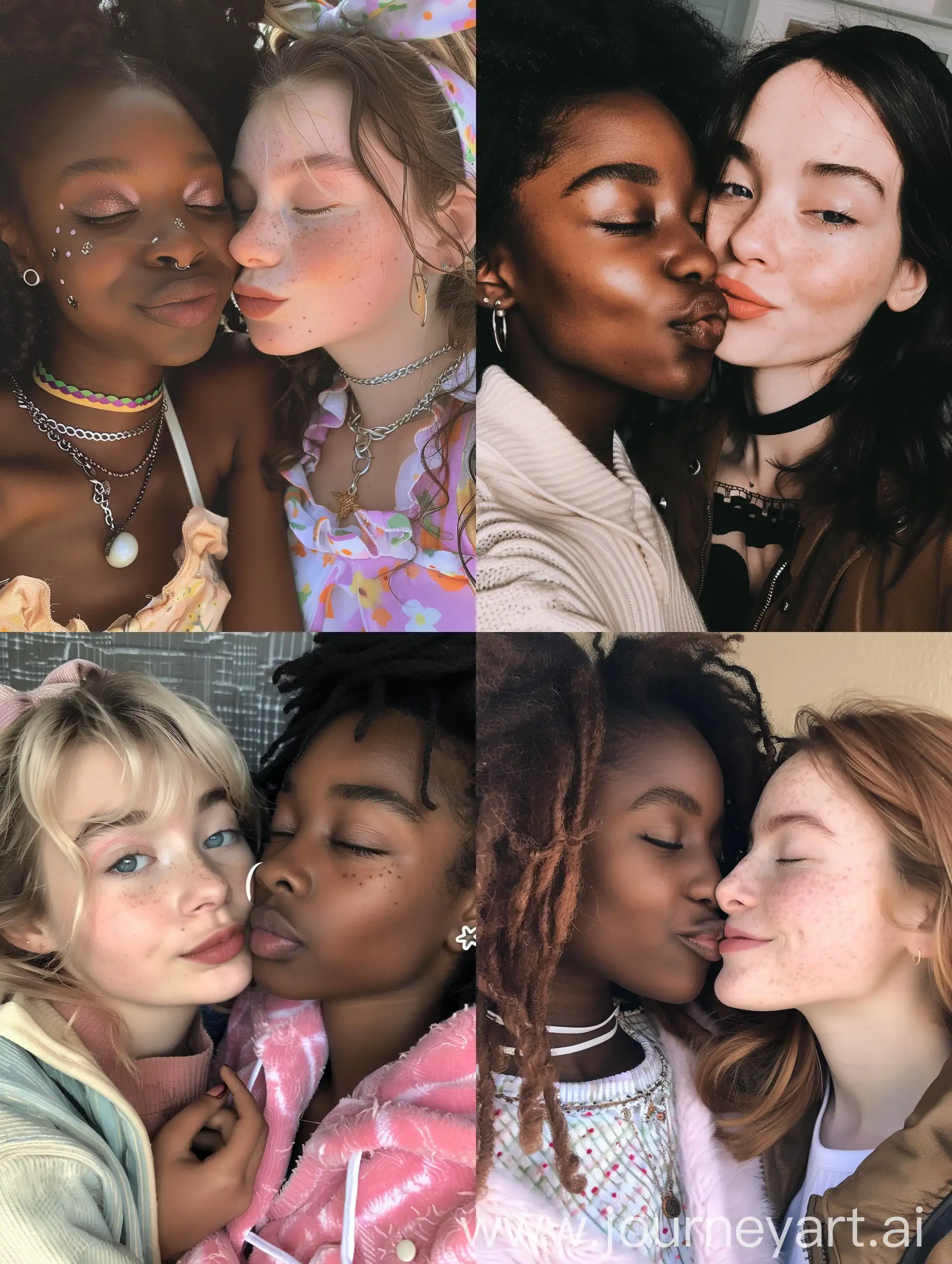 Aesthetic Instagram selfie of two girls, best friends, close up selfie, kissing cheek, adorable, trendy clothes, one black girl, one white girl 