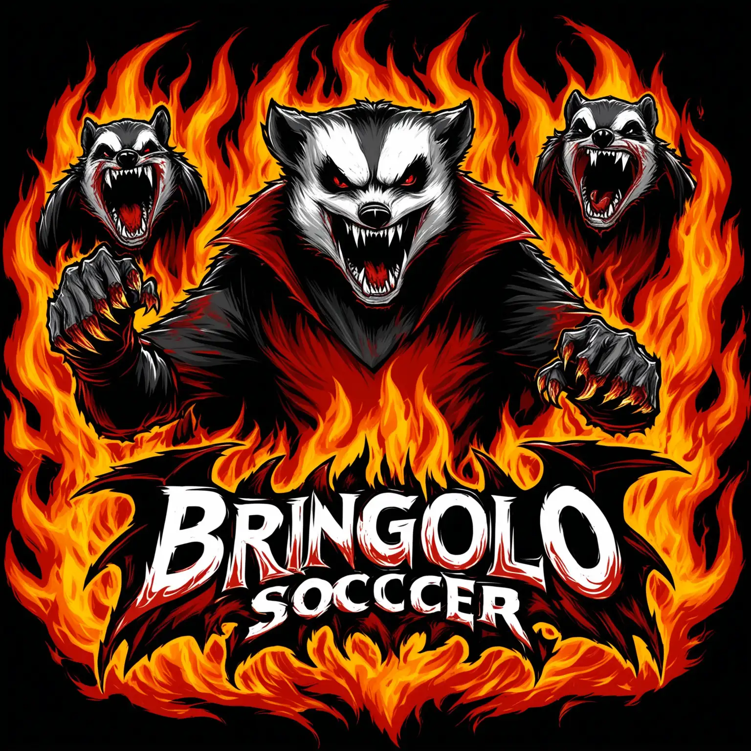 Logo for BRINGOLO soccer team with an aggressive badger vampire in flames, in gothic mode